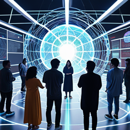 Home 13 **Prompt:** A diverse group of people, subtly reflecting Malaysian cultural elements in their modern attire, gathered around a large, translucent holographic interface displaying a complex network of interconnected digital assets. This represents a Decentralized Autonomous Organization (DAO) in action, with glowing blockchain lines symbolizing transparent governance and shared decision-making. The atmosphere is collaborative and inclusive, with a focus on community empowerment in a futuristic setting. Detailed, vibrant digital art, high resolution, conceptual.