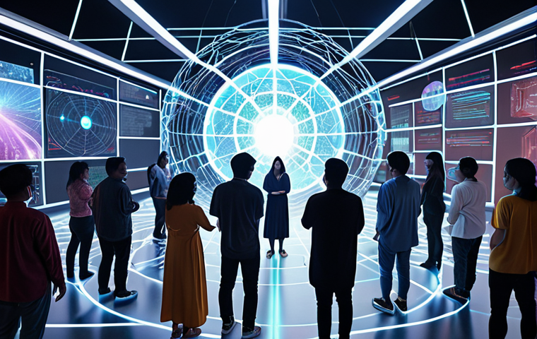 **Prompt:** A diverse group of people, subtly reflecting Malaysian cultural elements in their modern attire, gathered around a large, translucent holographic interface displaying a complex network of interconnected digital assets. This represents a Decentralized Autonomous Organization (DAO) in action, with glowing blockchain lines symbolizing transparent governance and shared decision-making. The atmosphere is collaborative and inclusive, with a focus on community empowerment in a futuristic setting. Detailed, vibrant digital art, high resolution, conceptual.